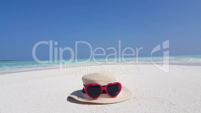 v02455 Maldives beautiful beach background white sandy tropical paradise island with blue sky sea water ocean 4k hat sunglasses