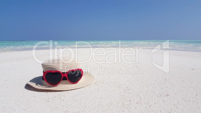 v02775 Maldives beautiful beach background white sandy tropical paradise island with blue sky sea water ocean 4k hat sunglasses