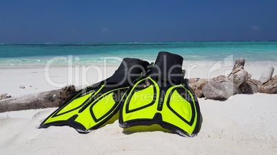 v02921 Maldives beautiful beach background white sandy tropical paradise island with blue sky sea water ocean 4k yellow scuba snorkel fins flippers