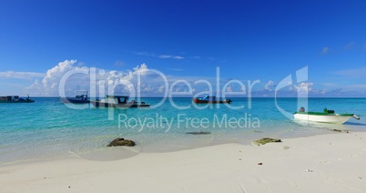 v02924 Maldives beautiful beach background white sandy tropical paradise island with blue sky sea water ocean 4k boats