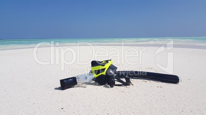 v02933 Maldives beautiful beach background white sandy tropical paradise island with blue sky sea water ocean 4k yellow scuba snorkel mask