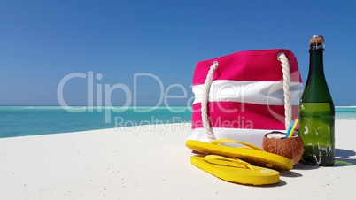 v02955 Maldives beautiful beach background white sandy tropical paradise island with blue sky sea water ocean 4k champagne bottle picnic bag