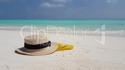 v02983 Maldives beautiful beach background white sandy tropical paradise island with blue sky sea water ocean 4k hat flip flops