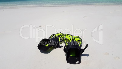 v02989 Maldives beautiful beach background white sandy tropical paradise island with blue sky sea water ocean 4k yellow scuba snorkel fins flippers