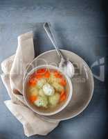 Chicken soup with meatballs and vegetables.