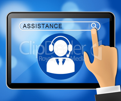 Assistance Tablet Represents Assisting Customers 3d Illustration