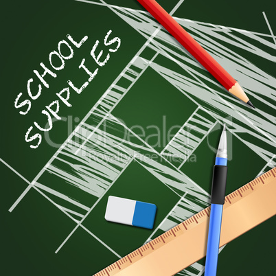 School Supplies Shows Stationery Materials 3d Illustration
