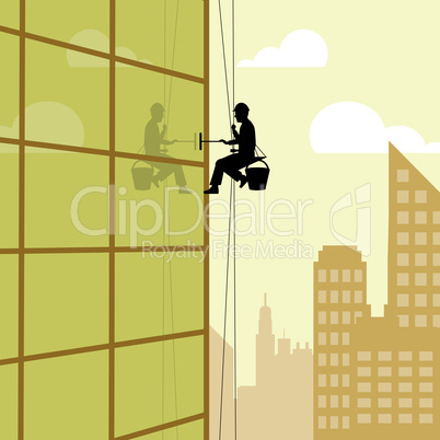 Skyscraper Window Cleaner Represents Offices Cityscape 3d Illust