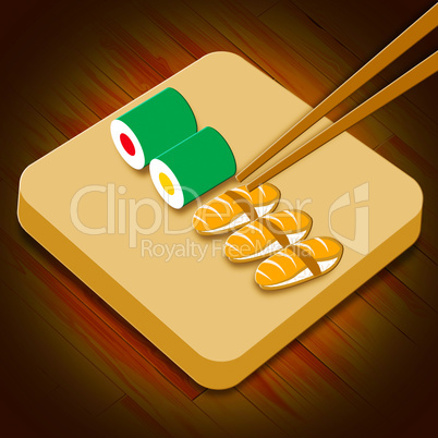 Sushi Assortment Showing Japan Cuisine 3d Illustration