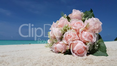 v01017 Maldives beautiful beach background white sandy tropical paradise island with blue sky sea water ocean 4k bouquet flowers pink
