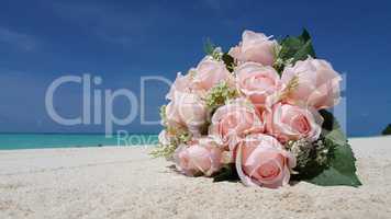 v01017 Maldives beautiful beach background white sandy tropical paradise island with blue sky sea water ocean 4k bouquet flowers pink