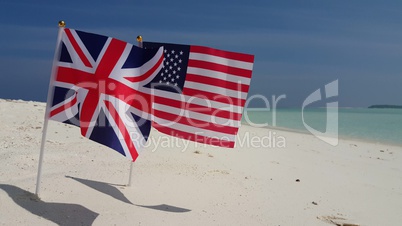 v01021 Maldives beautiful beach background white sandy tropical paradise island with blue sky sea water ocean 4k uk us flags