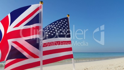 v01067 Maldives beautiful beach background white sandy tropical paradise island with blue sky sea water ocean 4k uk us flags