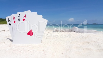 v01157 Maldives beautiful beach background white sandy tropical paradise island with blue sky sea water ocean 4k playing cards aces