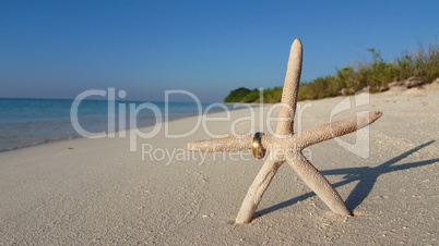 v01177 Maldives beautiful beach background white sandy tropical paradise island with blue sky sea water ocean 4k gold wedding ring starfish