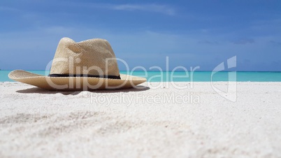 v01179 Maldives beautiful beach background white sandy tropical paradise island with blue sky sea water ocean 4k beige hat trilby