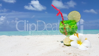 v01195 Maldives beautiful beach background white sandy tropical paradise island with blue sky sea water ocean 4k cocktail drink green