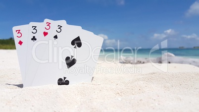 v01197 Maldives beautiful beach background white sandy tropical paradise island with blue sky sea water ocean 4k playing cards threes