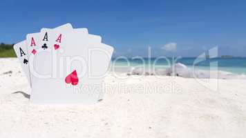 v01201 Maldives beautiful beach background white sandy tropical paradise island with blue sky sea water ocean 4k playing cards aces