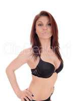 Slim woman in black bra.