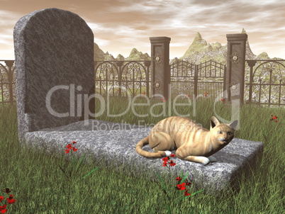 Cat on a tombstone - 3D render