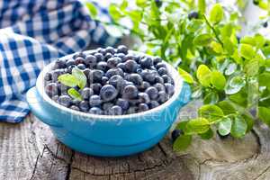 Fresh blueberries with leaves on wooden background