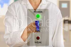 Person pointing with finger on virtual power switch