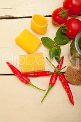 Italian pasta paccheri with tomato mint and chili pepper