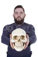 Bearded man with a skull