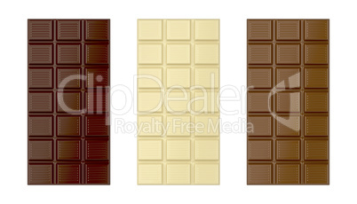 White, brown and dark chocolate bars