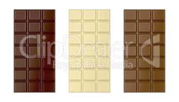 White, brown and dark chocolate bars