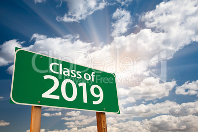 Class of 2019 Green Road Sign with Dramatic Clouds and Sky