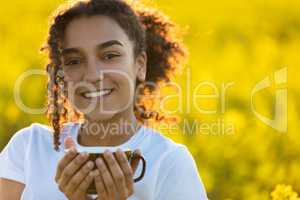 Mixed Race African American Teenager Woman Drinking Coffee Outdo