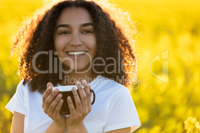 Mixed Race African American Teenager Woman Drinking Coffee Outdo