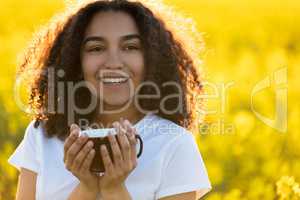 Mixed Race African American Teenager Woman Drinking Coffee Outdo