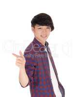Asian teenager pointing finger.