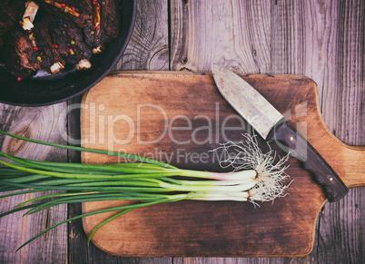 Green onion on a kitchen cutting board