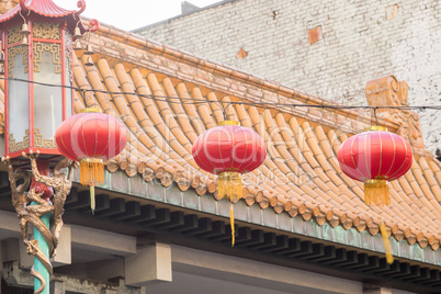 Red Chinese Lanterns against Chinese Pagoda.