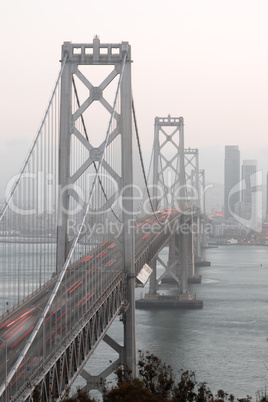 San Francisco's Bay Bridge Close-up on a Foggy Evening.