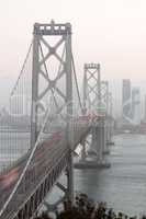 San Francisco's Bay Bridge Close-up on a Foggy Evening.