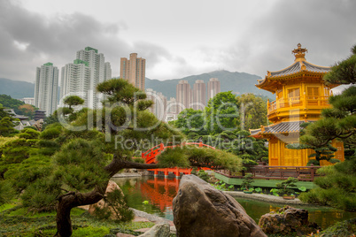 Golden Pavilion in Hong Kong City and Overcast