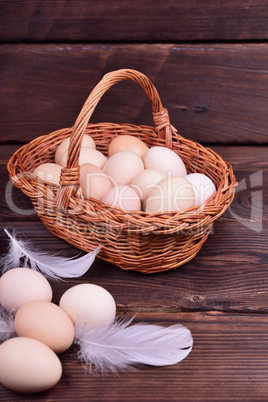 chicken eggs in a wicker basket