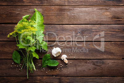 Herbs and spices on wooden culinary background, ingredients for cooking
