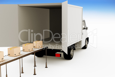 Delivery truck with packages on the conveyor, 3d illustration