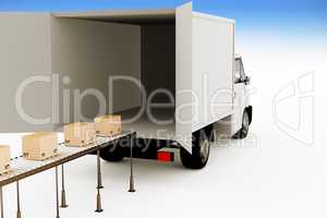 Delivery truck with packages on the conveyor, 3d illustration