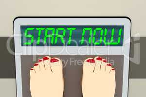 Weight scale with feet, 3d illustration, START NOW