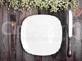 White porcelain plate with iron vintage cutlery