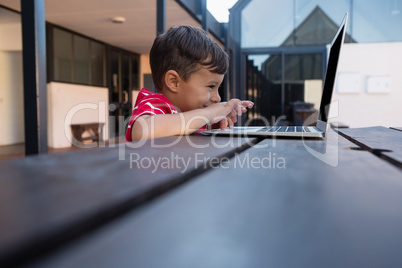 Side view of happy boy using digital laptop