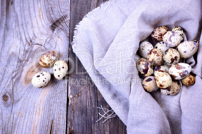 quail eggs in a gray textile napkin