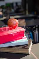Close up of red apple on tiffin box at library